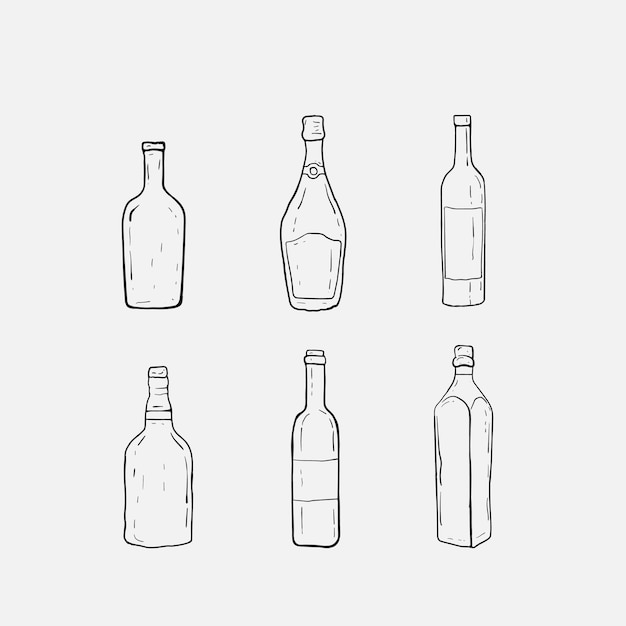 Установить бутылку черно-белые рисованной векторные иллюстрации