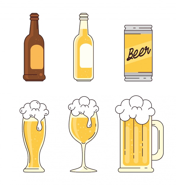 Vector set, bottles, can, glass, cup, mug of beer on white background