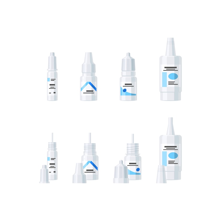 Vector set of bottles of eye drops .