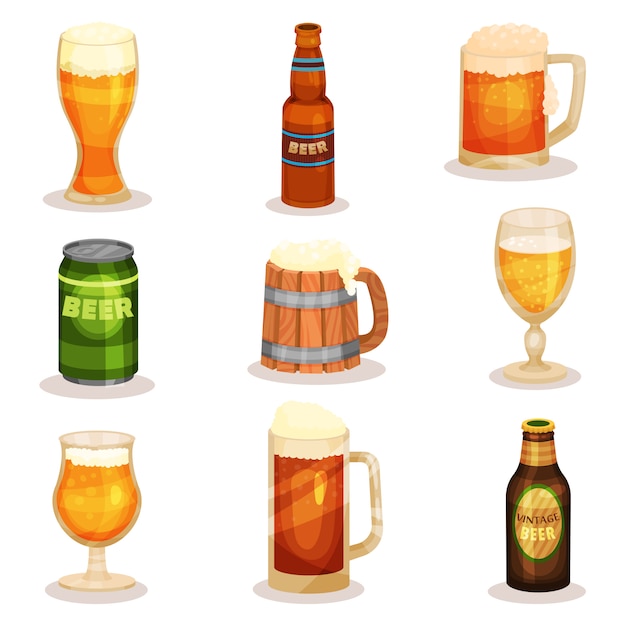 Set of bottles, glasses and mugs of beer. alcoholic beverage. elements for promo poster or banner of brewery