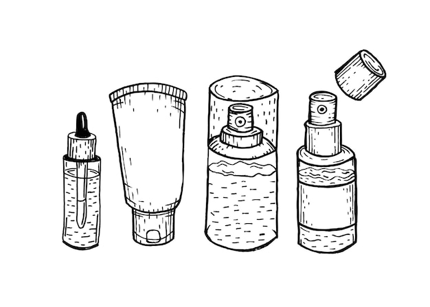 A set of bottles and packages for cosmetics. Serum, cream, lotion, spray, pipette. Apply to the face