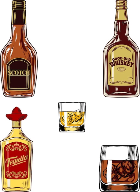 Vector set of bottles and stemware with alcohol