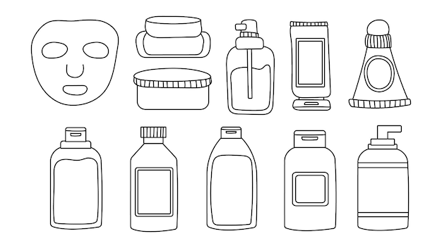 A set of bottles and tubes of cosmetics, jars for skin care with