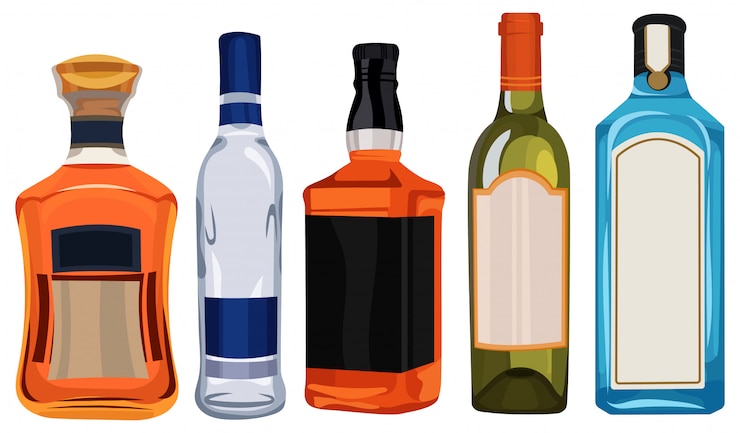 Vector set of bottles with alcohol. collection of glass containers for storing liquids.