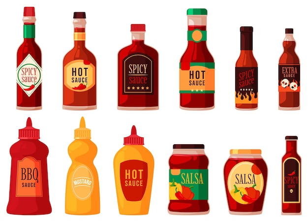 Set of bottles with hot sauce dressing spicy seasoning for your dishes traditional spicy sauces vector illustration