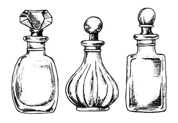 Vector set of bottles with perfume vector drawing in sketch style vintage bottles