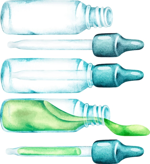 A set of bottles with a pipette Liquid pours from an open bottle Watercolor illustration