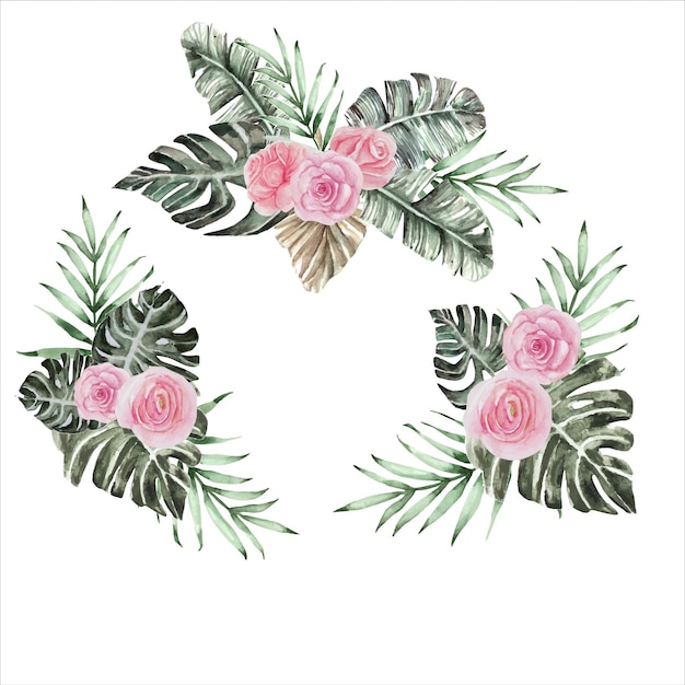 set bouquet watercolor illustration tropical leaves