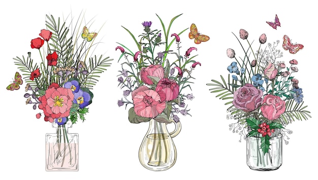 Set of bouquets of flowers in glass vases