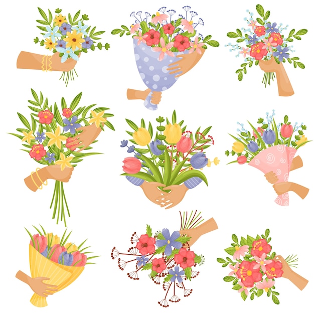 Vector set of bouquets of flowers in the hands