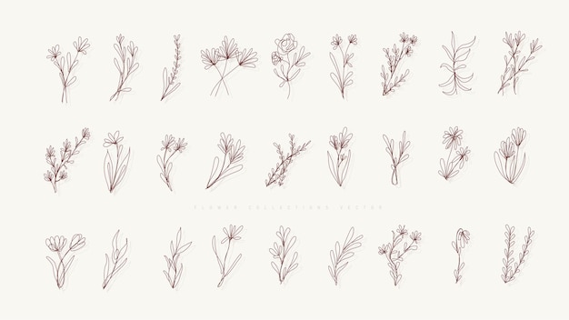 Set of bouquets and minimalist flowers for logos or tattoos line drawing wedding card elegant