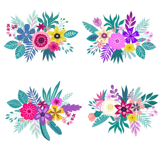 A set of bouquets of tropical flowers hibiscus. Summer background Concept. Summer background with tropical flowers. Template Vector.