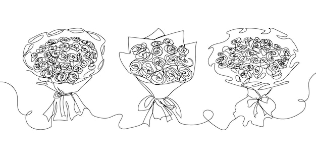 Set di bouquets con rose disegno a linea continua un'arte a linea di decorazione fiori rose