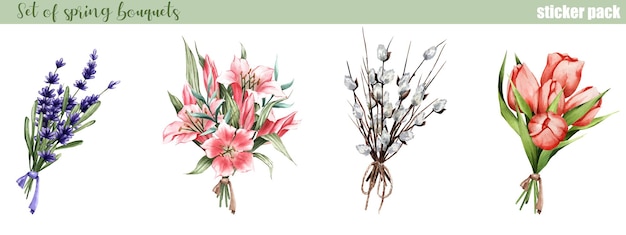 Set of bouquets with spring flowerslily tulip lavender pussy willow great for stickers