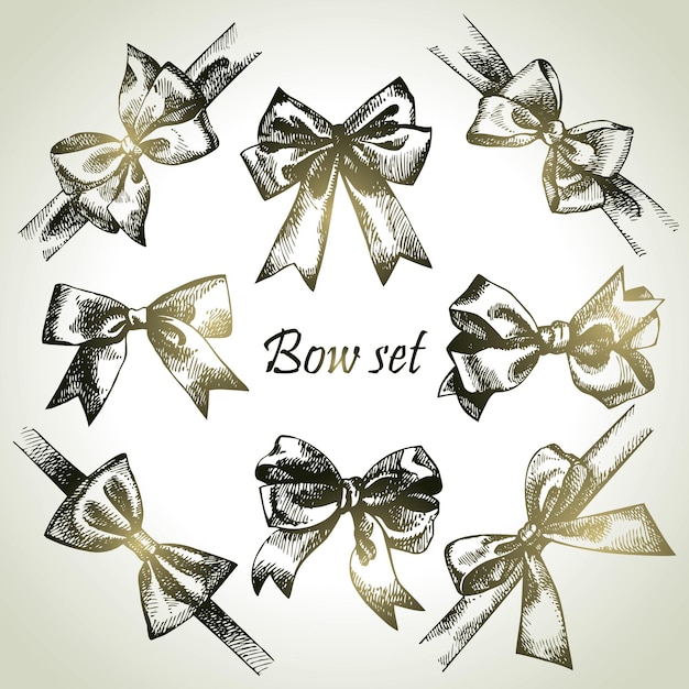 Set of bow. Hand drawn illustrations of ribbons