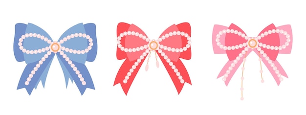 Vettore set di nodo di arco isolato su sfondo bianco arco con nastro e perle per la decorazione