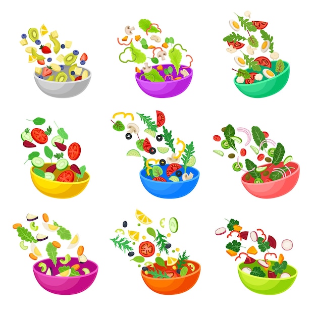 Vettore set di ciotola con illustrazione vettoriale di verdure tritate su sfondo bianco