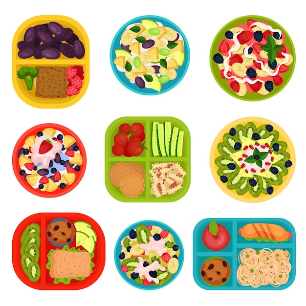 Set of bowls with fruit salads and lunch boxes with food top view healthy eating tasty dishes for breakfast cartoon vector illustrations colorful icons in flat style isolated on white background