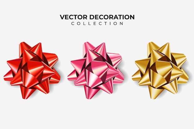 Vector set of bows red, pink and gold color metallic with shadow on isolated white background. realistic decoration for holiday