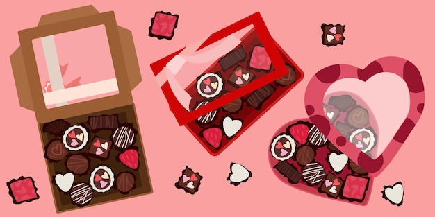 Vector a set of boxes of chocolates on a pink background a box in the form of a heart a square