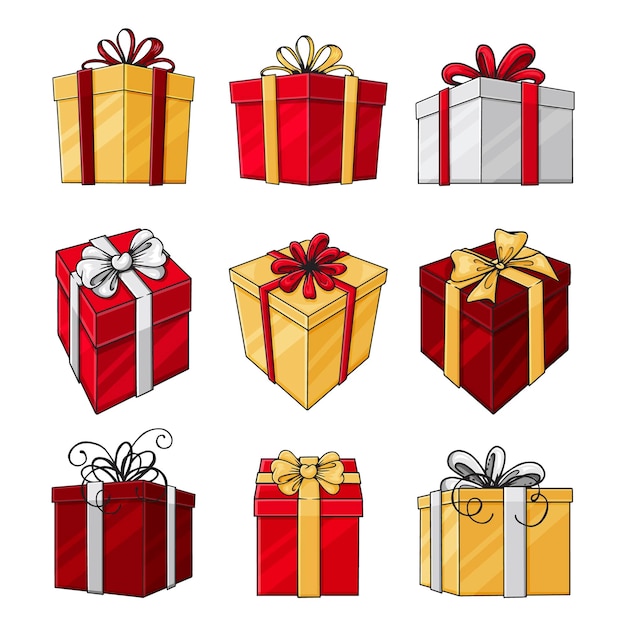 Set of boxes with bows, gifts for the holiday. Hand drawn objects. Isolated on white.