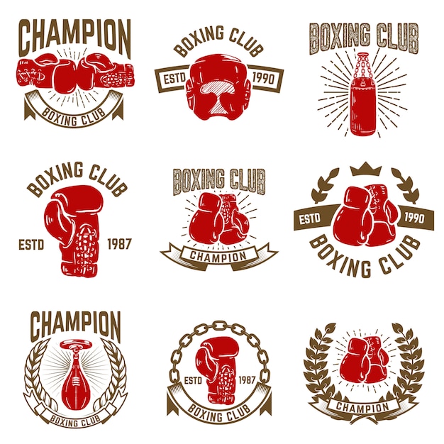 Vettore insieme degli emblemi del club di boxe. guanti da box. elementi per logo, etichetta, emblema, segno. illustrazione