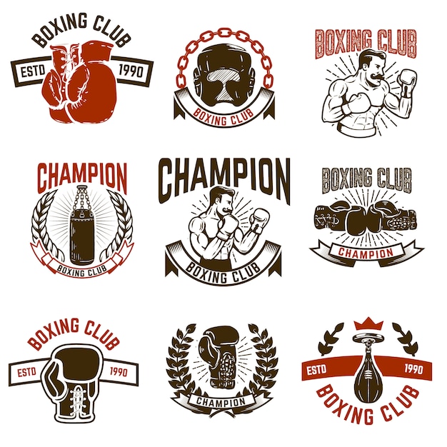 Insieme degli emblemi del club di boxe. guanti da box. elementi per logo, etichetta, emblema, segno. illustrazione