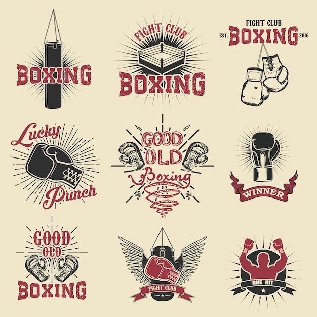 Vettore set di etichette, emblemi ed elementi di design del club di boxe.
