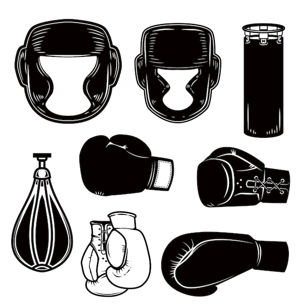 Set of boxing design elements. boxer helmet, gloves, bags.