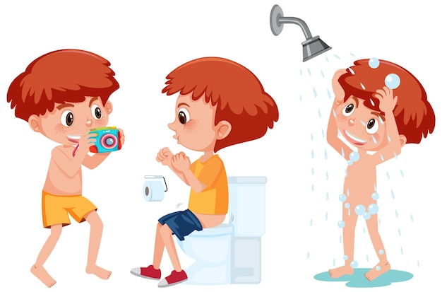 Vector set of a boy cartoon character doing different activities