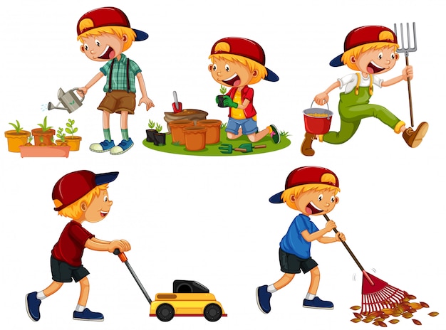 Set of boy gardening