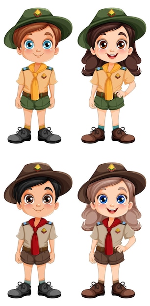 Vector set of boy and girl in scout uniform