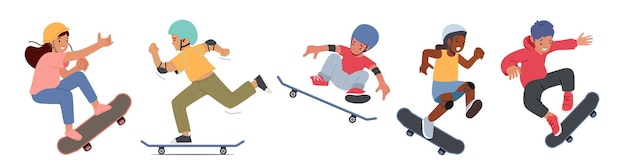 Набор для мальчиков и девочек на скейтборде дети катаются на коньках на лонгборде, прыгают и делают трюки и трюки на скейтборде