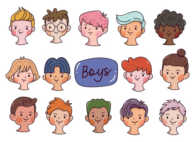 Set of boys avatars hand drawn diverse faces in cartoon doodle style