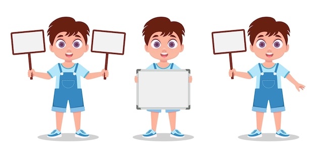 A set of boys, holding a sign in their hands, without an inscription. vector illustration