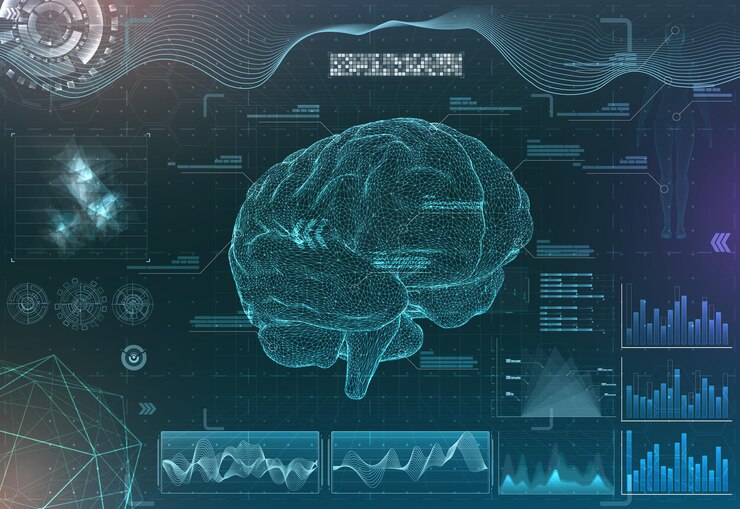 Vector set of brain research interfaces functional magnetic resonance imaging hud in blue tones