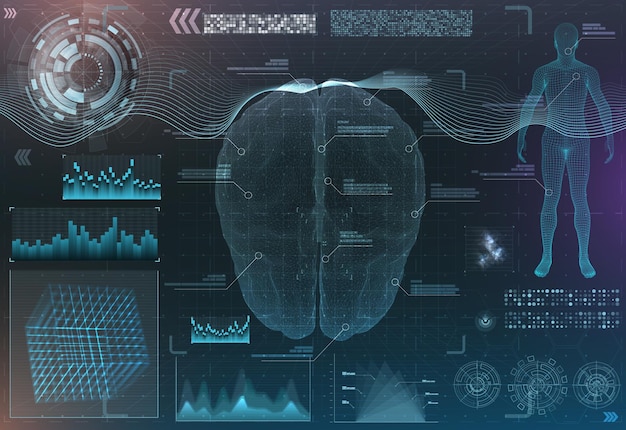 Vettore set di interfacce per la ricerca sul cervello, immagini di risonanza magnetica funzionale hud nei toni del blu