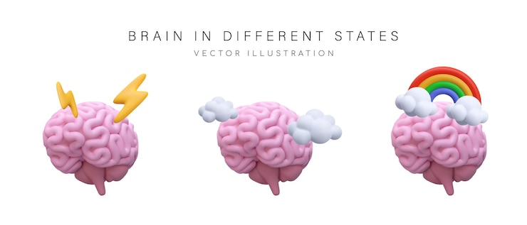 Vector set of brains in different states vector symbols of emotions and processes