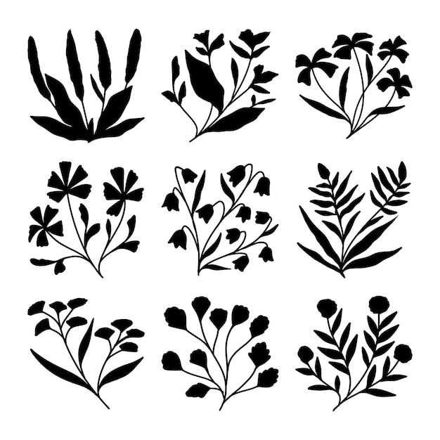 Vector set of branch and leaves silhouette vector