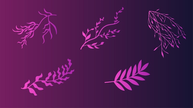 葉とシルエットを持つ植物の枝紫グラデーションのセット