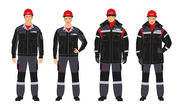 A set of branded overalls Man and woman in warm branded work clothes Jackets and down jackets