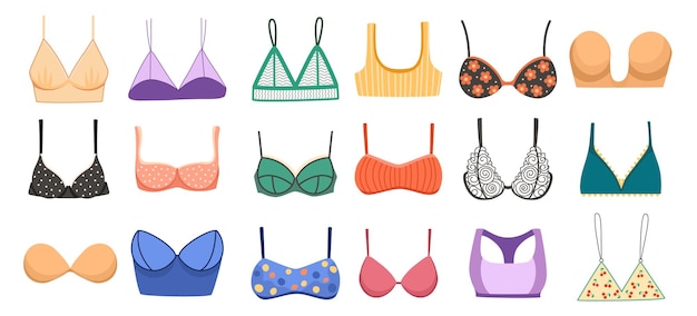 Set bras-collectie, soorten lingerie balconette, strapless, glamour erotische push-up. bikini-, bandeau- en lichaamsfiguur