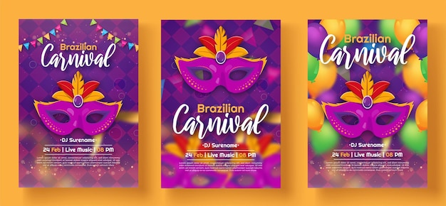 Set of brazilian carnival party flyer template with golden ribbon mask and confetti