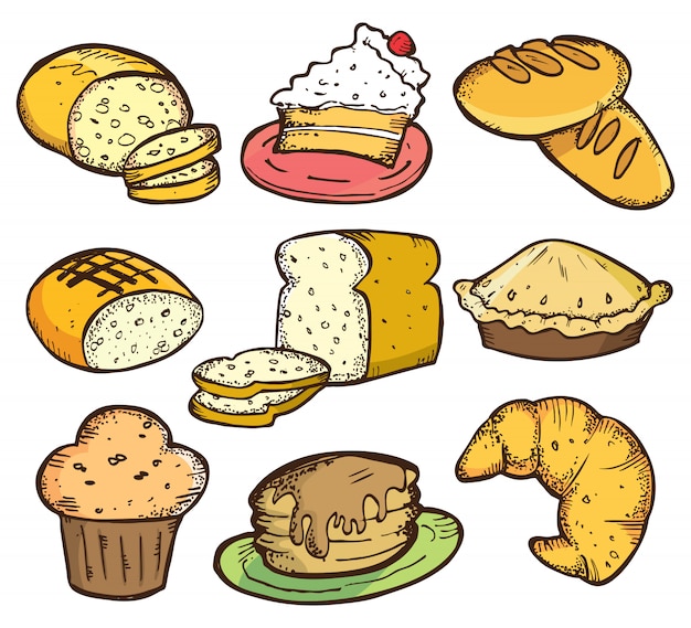 Set of bread and cake in doodle style