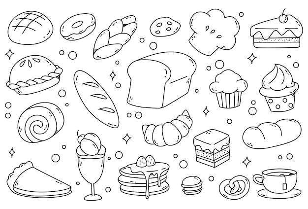 Set of bread and cake doodles