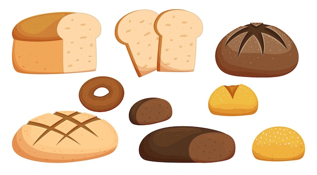 Set Of Bread And Different Bakery Production Isolated Toast Loaf Bun With Sesame Or Rye Donut Pastry Collection