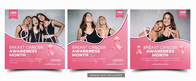 Vettore set di progettazione del modello di post sui social media del mese di consapevolezza del cancro al seno