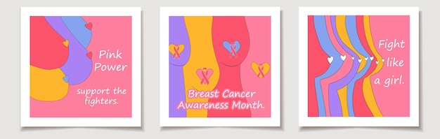 Set of breast cancer day cards with Set Colorful illustrations of breasts