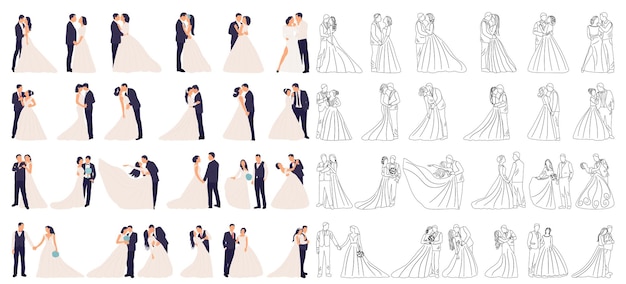 Set of bride and groom collection wedding isolated vector