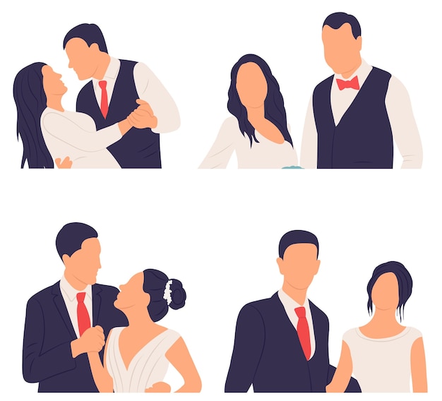 Set of bride and groom portrait in flat style isolated vector